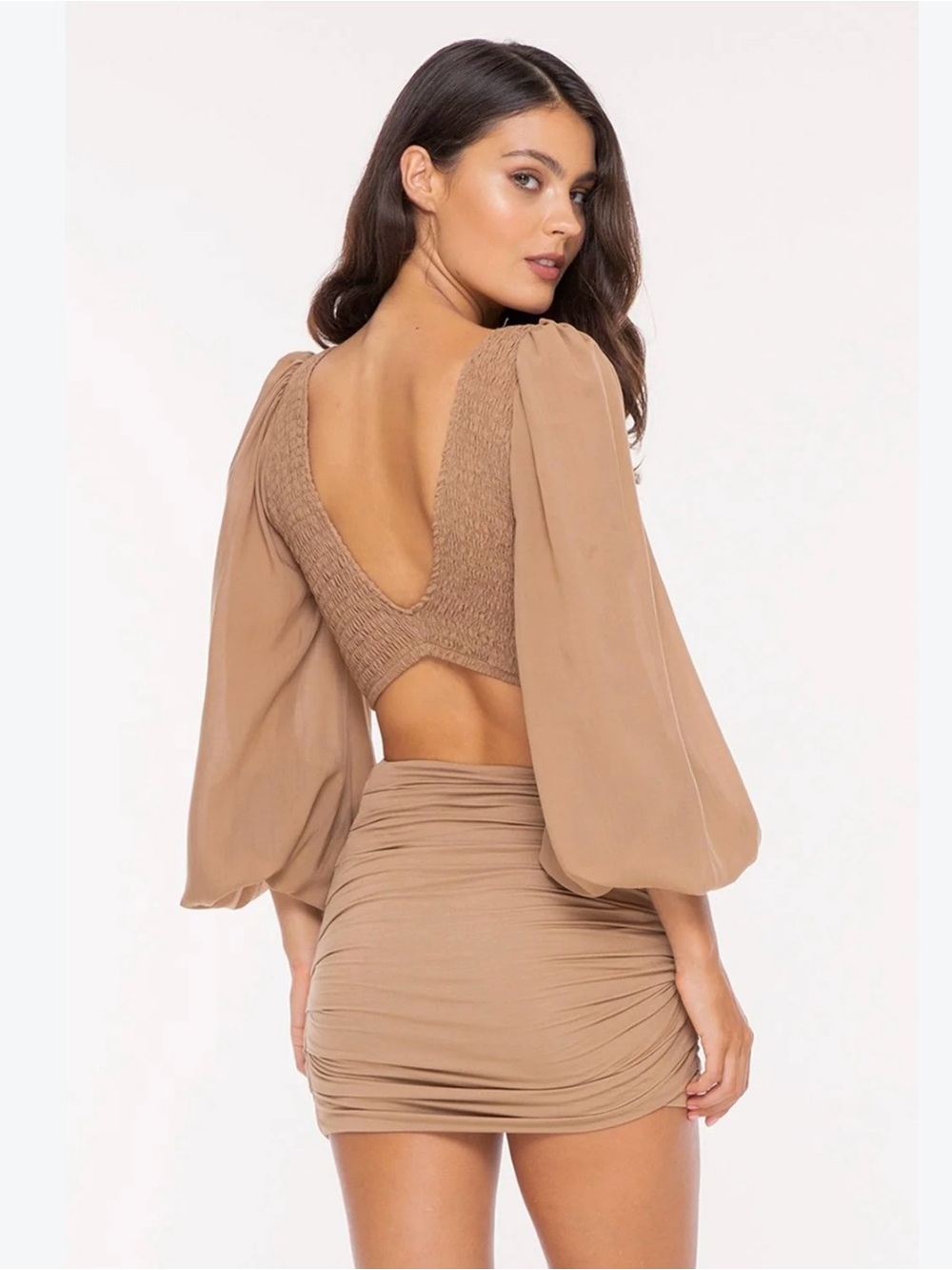 Indah Brown Ruched Bandeau Two-Piece Intimate Set